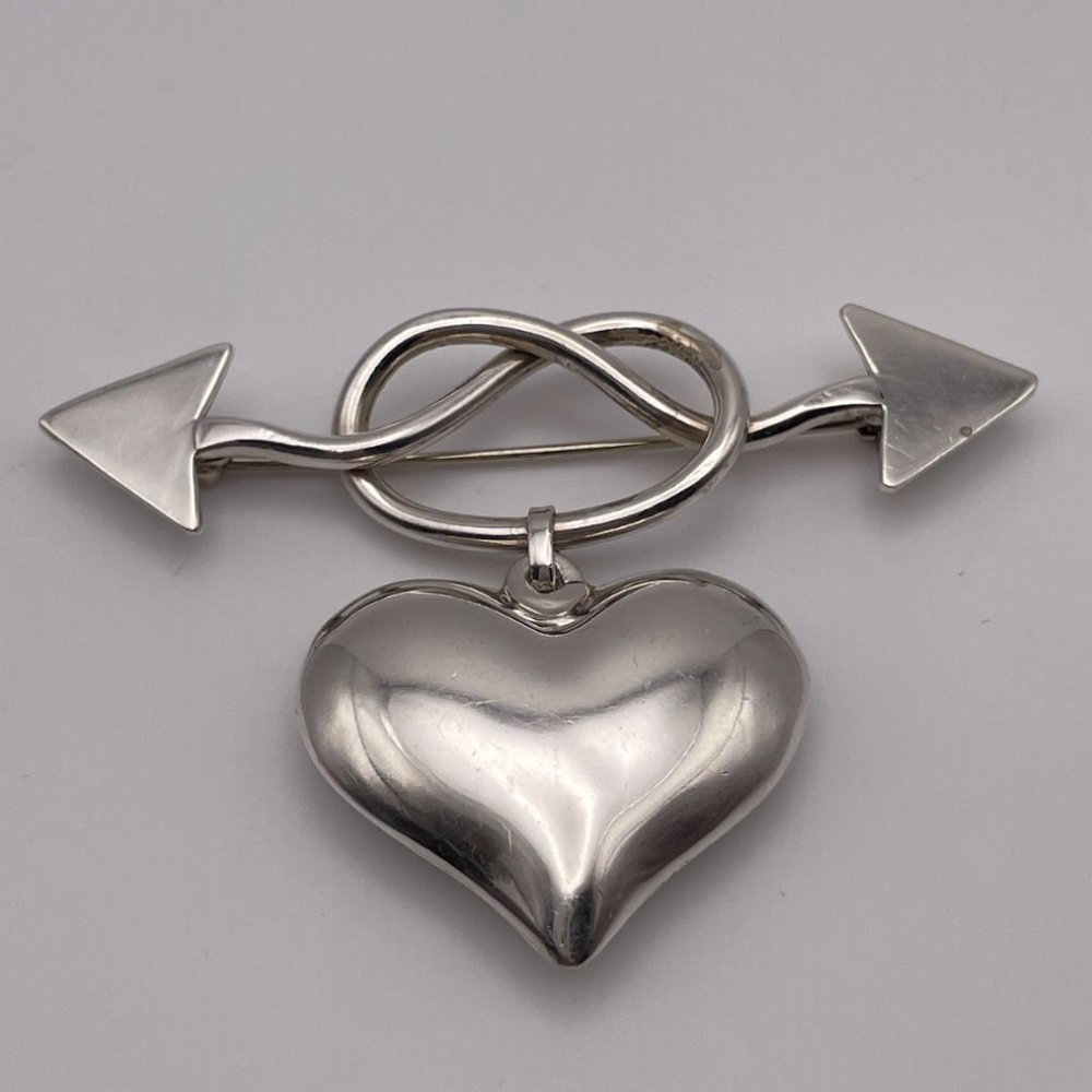 Vintage Love Knot Heart and Arrow Sterling Silver Bow Brooch Pin